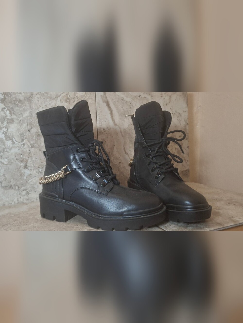 Nine West Black Lace-Up Combat Boots with Gold Chain Accent